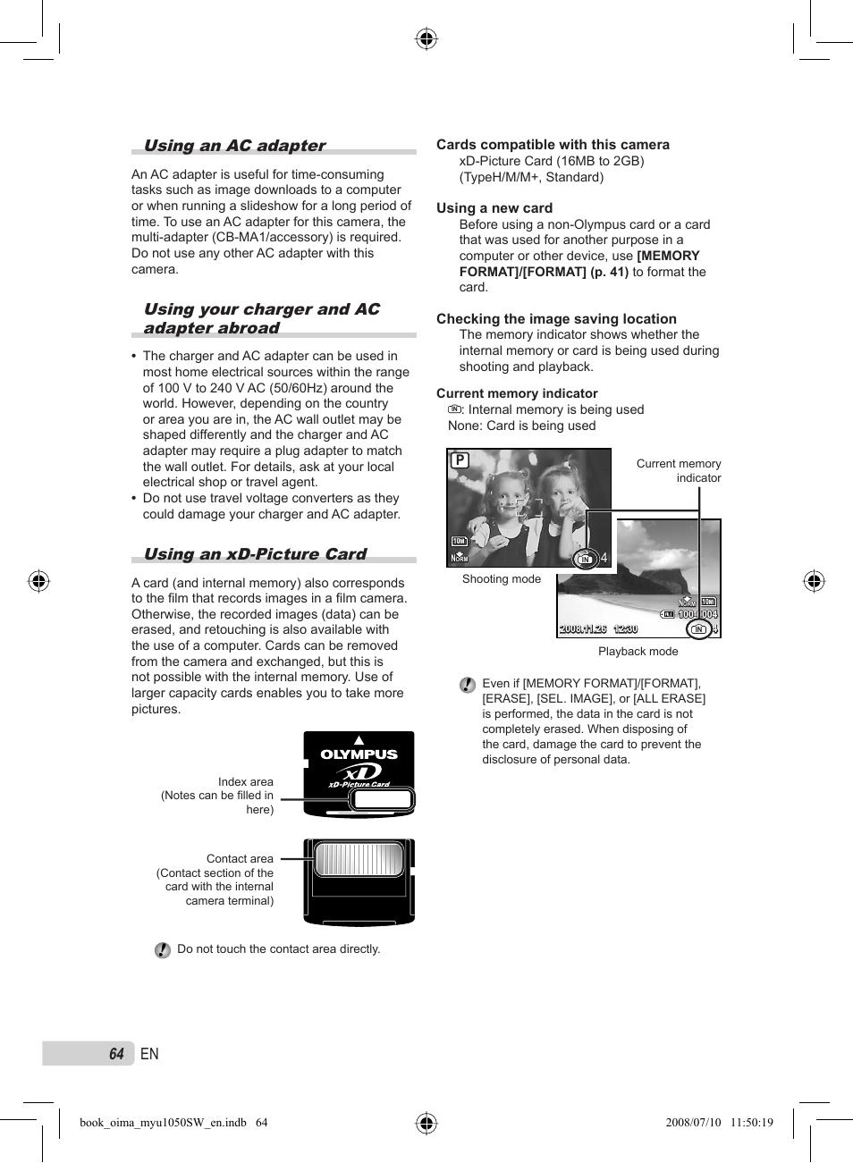 64 en using an ac adapter, Using your charger and ac adapter abroad, Using an xd-picture card | Olympus Stylus 1050 SW User Manual | Page 64 / 86