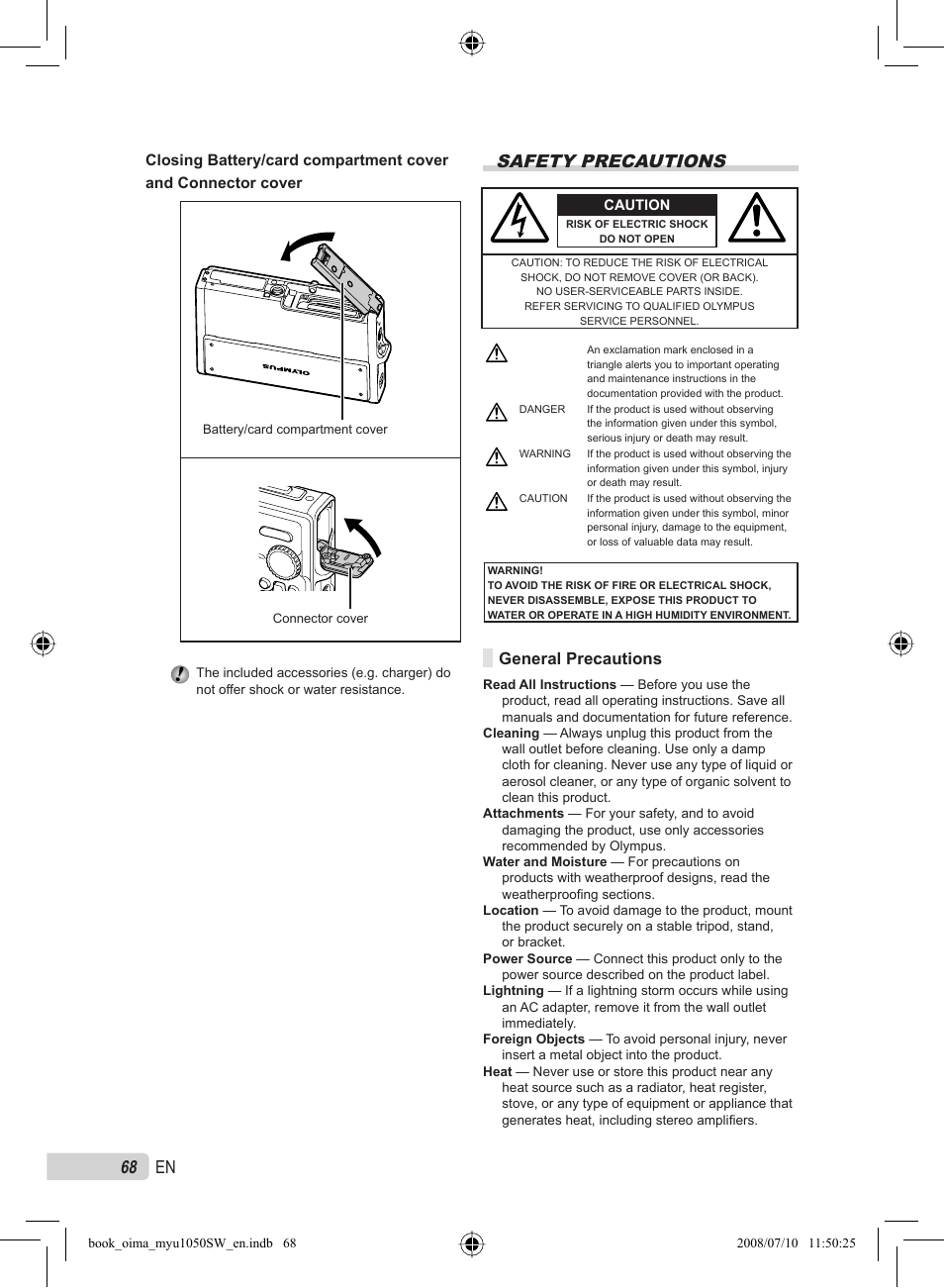 68 en, Safety precautions, General precautions | Olympus Stylus 1050 SW User Manual | Page 68 / 86