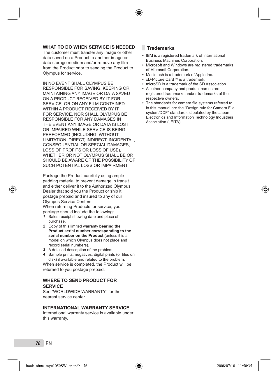 76 en | Olympus Stylus 1050 SW User Manual | Page 76 / 86