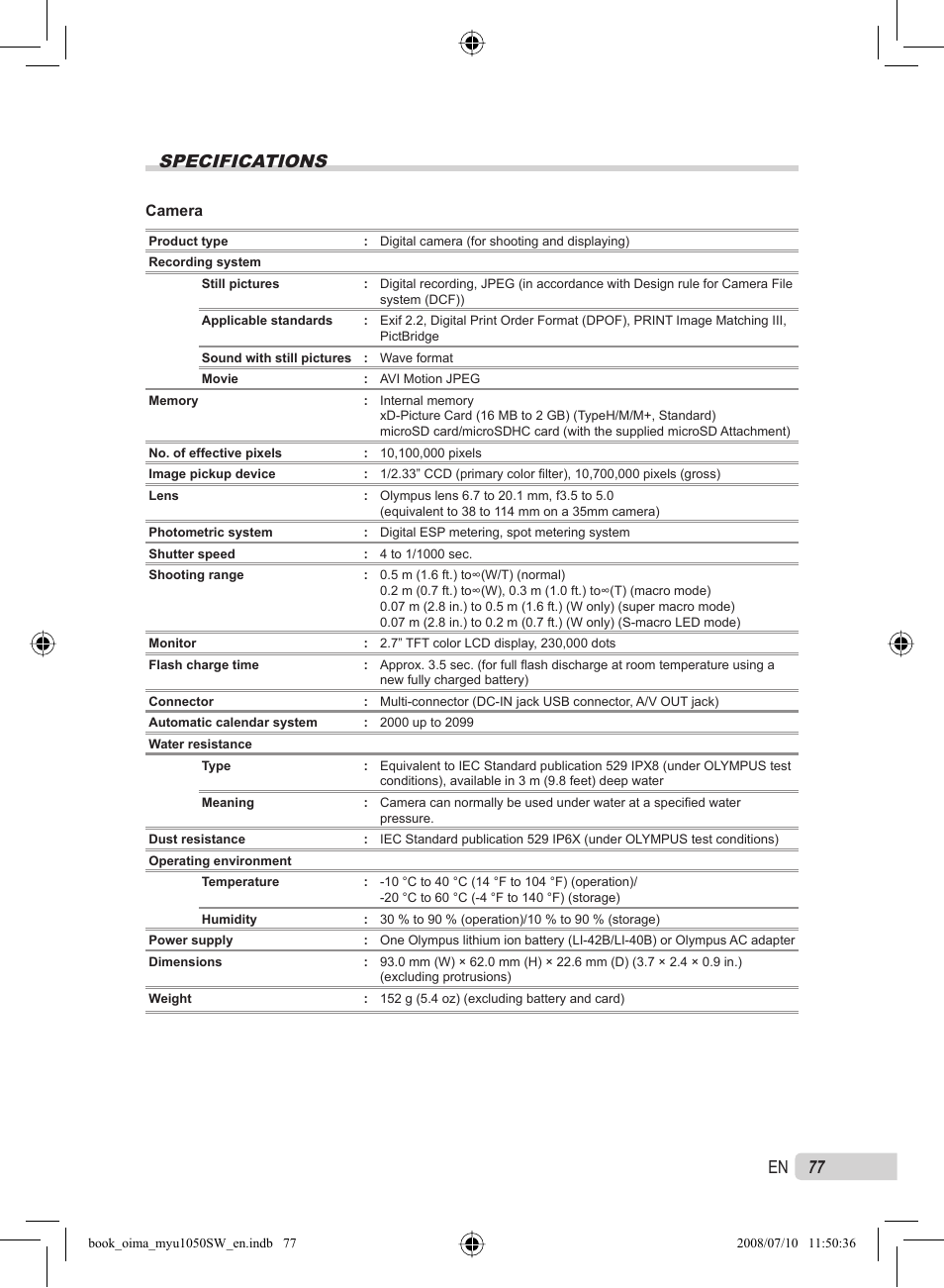 77 en specifications | Olympus Stylus 1050 SW User Manual | Page 77 / 86