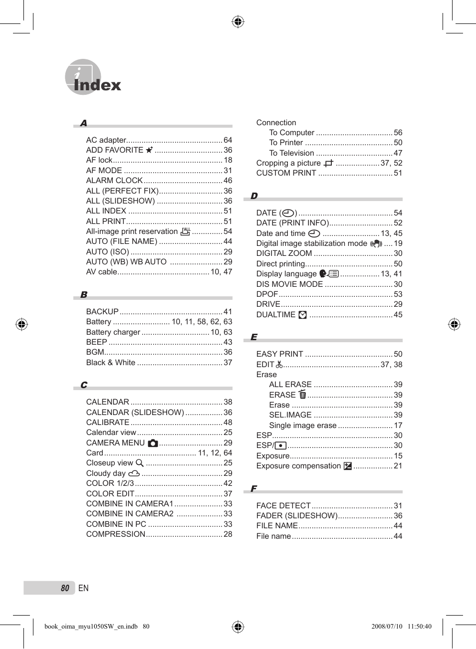 Index | Olympus Stylus 1050 SW User Manual | Page 80 / 86