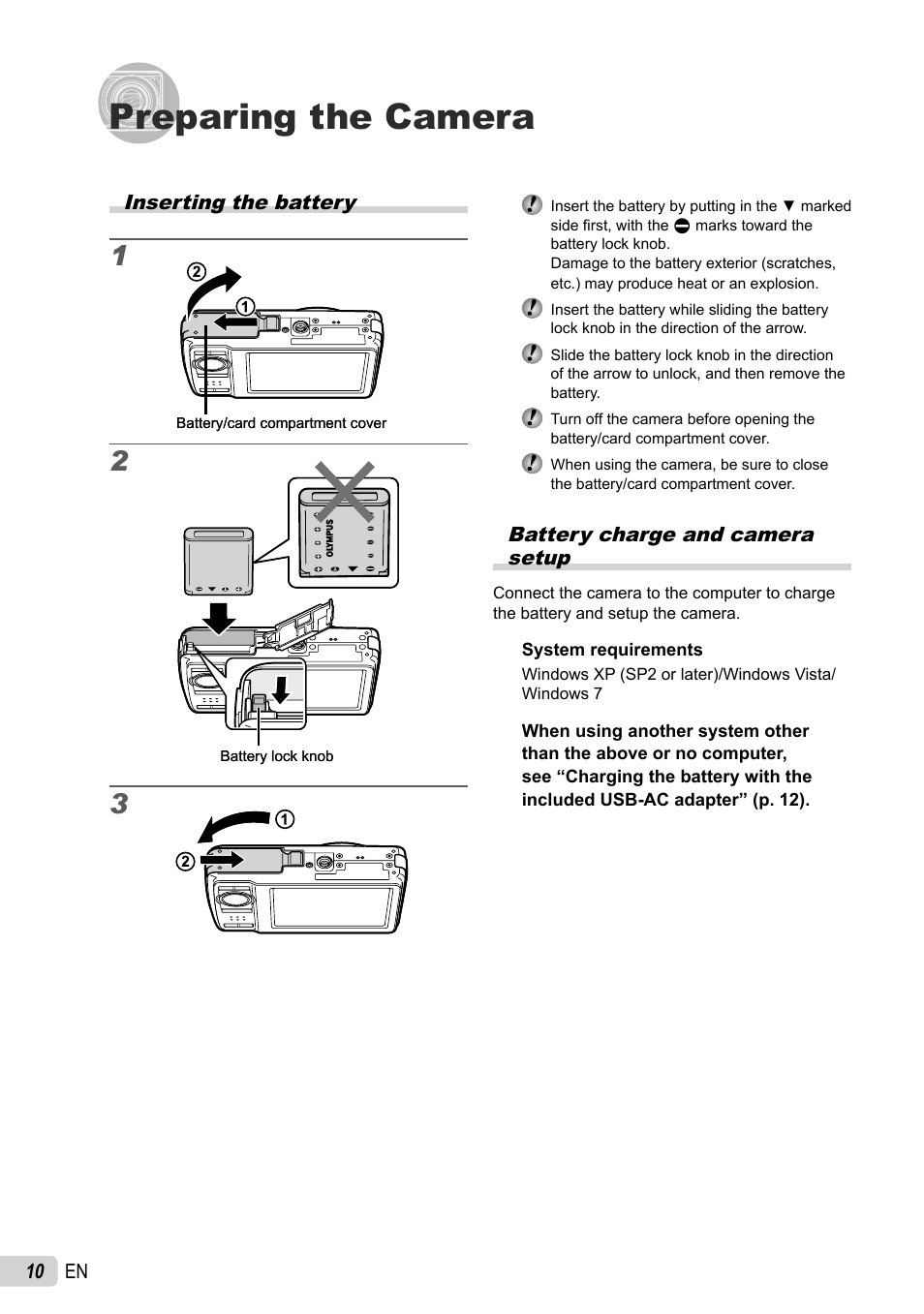 Preparing the camera | Olympus STYLUS 7030 User Manual | Page 10 / 73