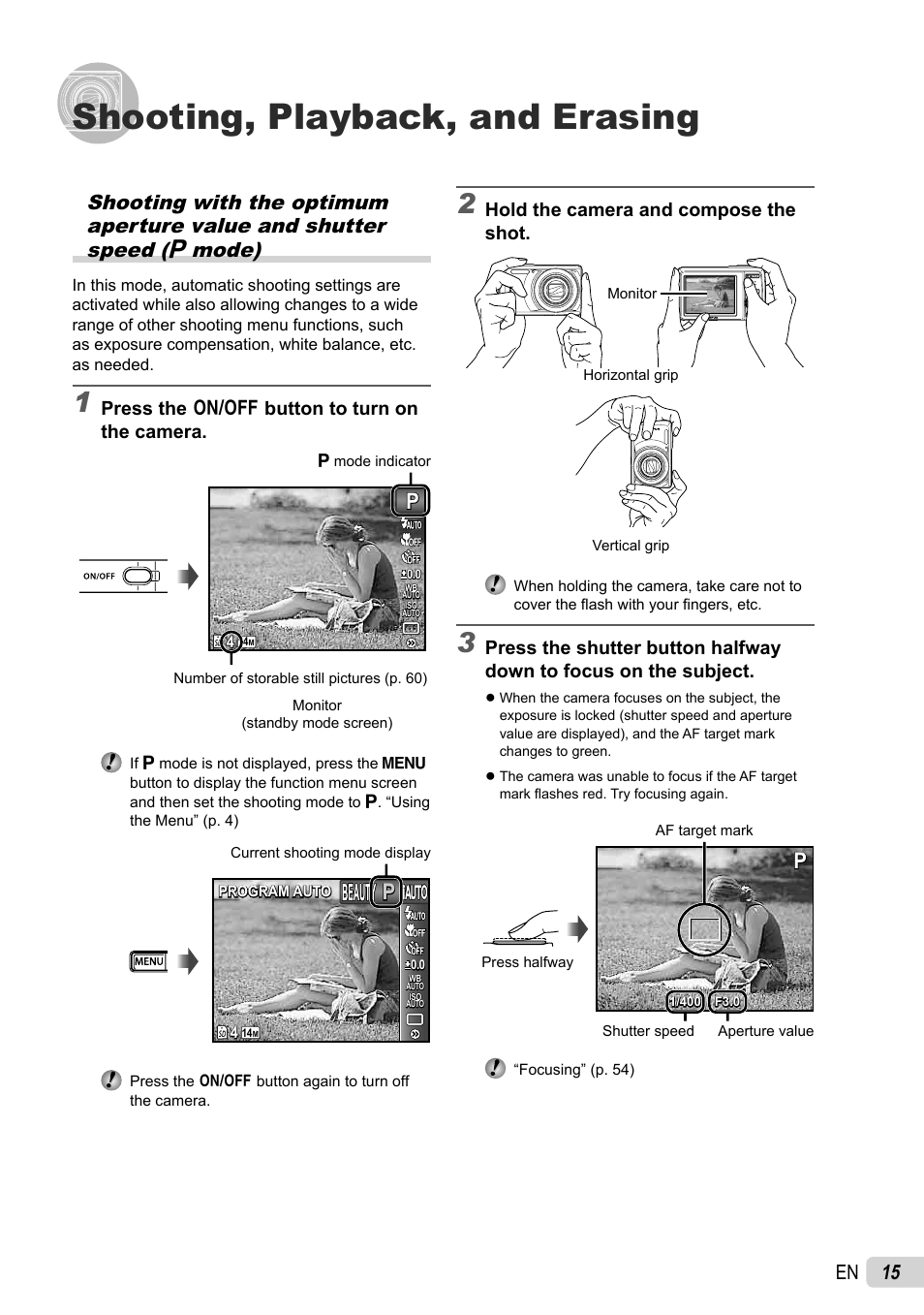 Shooting, playback, and erasing, 15 en, Hold the camera and compose the shot | Press the n button to turn on the camera | Olympus STYLUS 7030 User Manual | Page 15 / 73