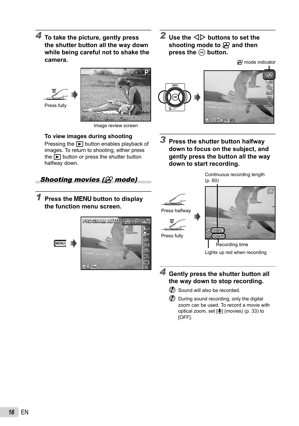 16 en, Shooting movies (n mode) | Olympus STYLUS 7030 User Manual | Page 16 / 73