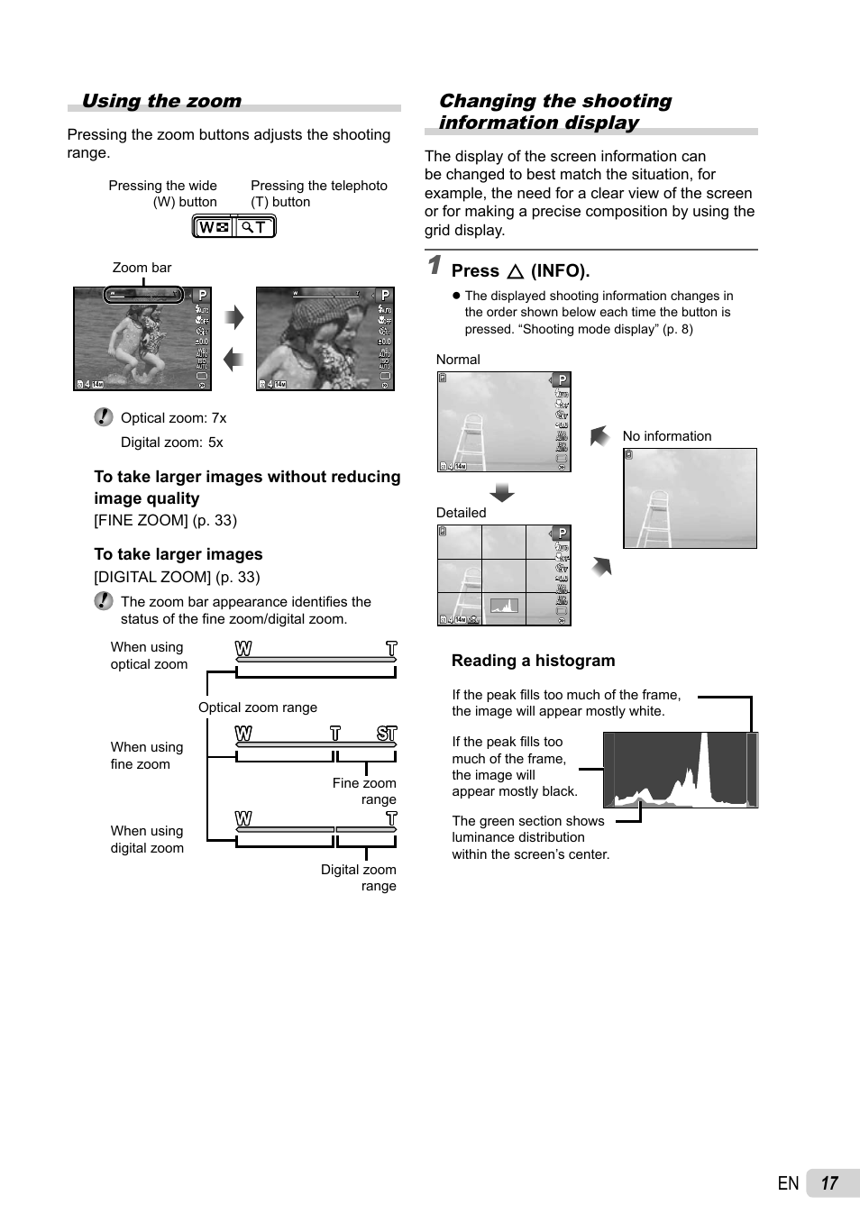 17 en using the zoom, Changing the shooting information display, Press f (info) | Reading a histogram, Fine zoom] (p. 33), Digital zoom] (p. 33), Zoom bar optical zoom: 7x digital zoom: 5x, Normal detailed no information | Olympus STYLUS 7030 User Manual | Page 17 / 73