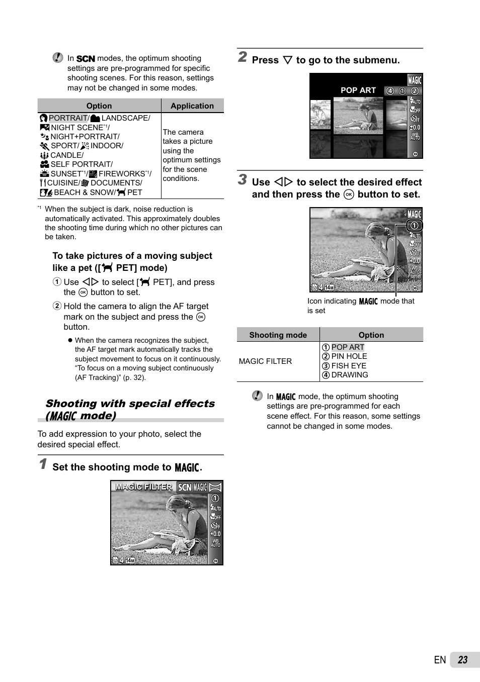 23 en, Shooting with special effects (p mode), Set the shooting mode to p | Press g to go to the submenu | Olympus STYLUS 7030 User Manual | Page 23 / 73