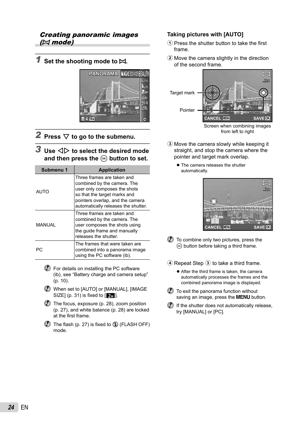 24 en creating panoramic images (p mode), Set the shooting mode to p, Press g to go to the submenu | Olympus STYLUS 7030 User Manual | Page 24 / 73