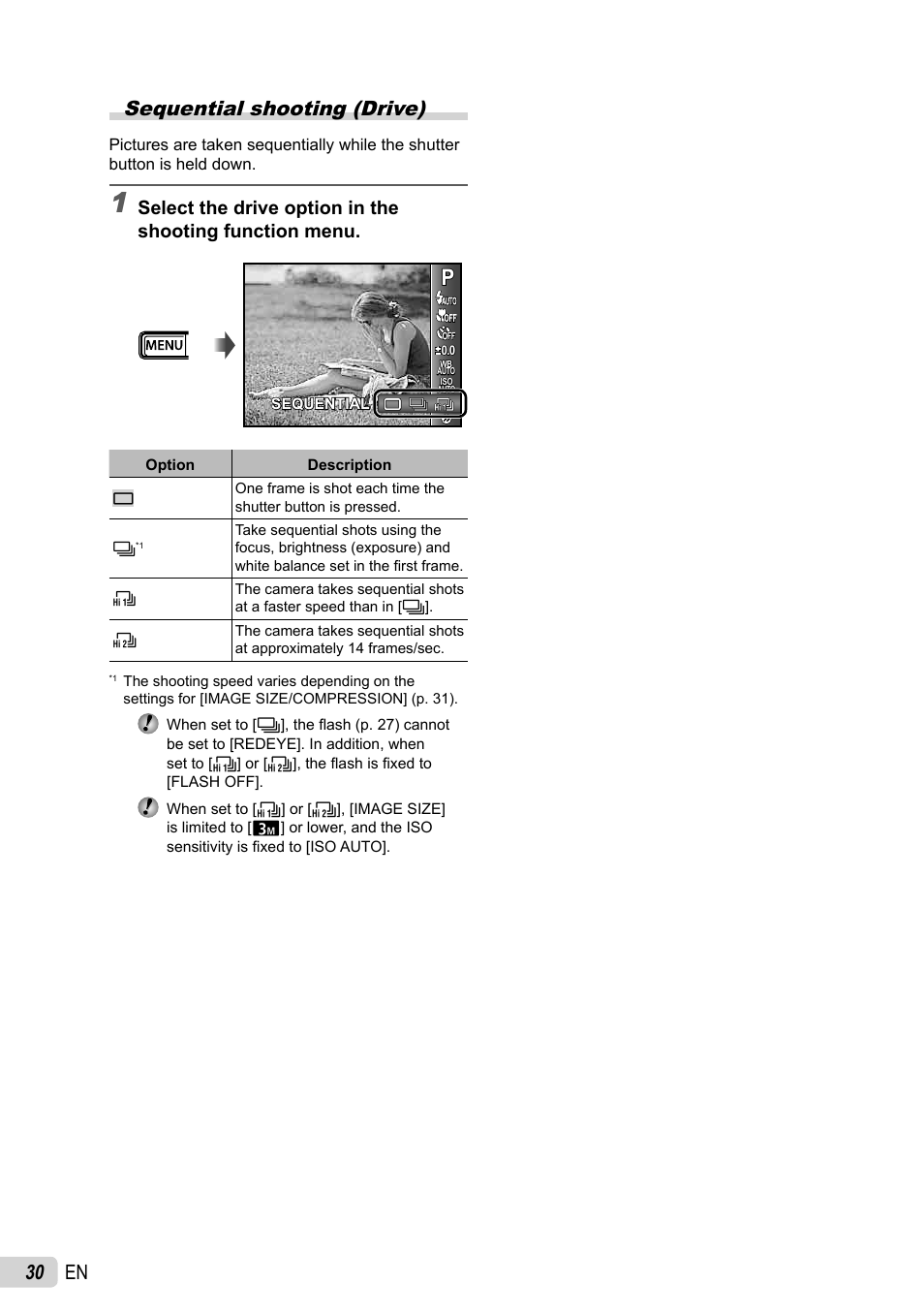 30 en sequential shooting (drive) | Olympus STYLUS 7030 User Manual | Page 30 / 73
