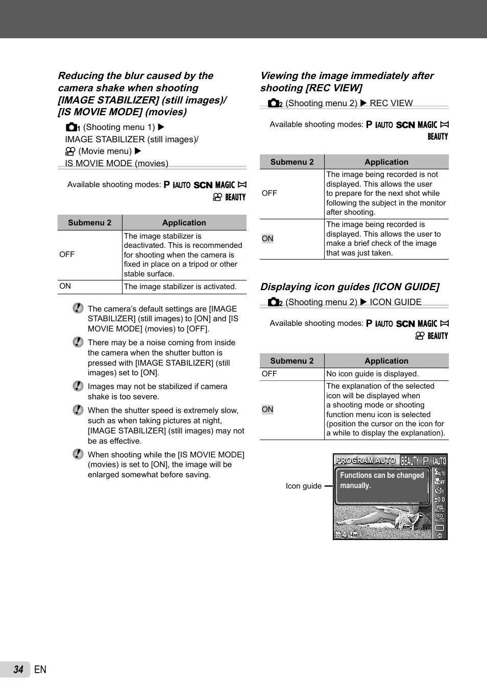 34 en, Displaying icon guides [icon guide | Olympus STYLUS 7030 User Manual | Page 34 / 73