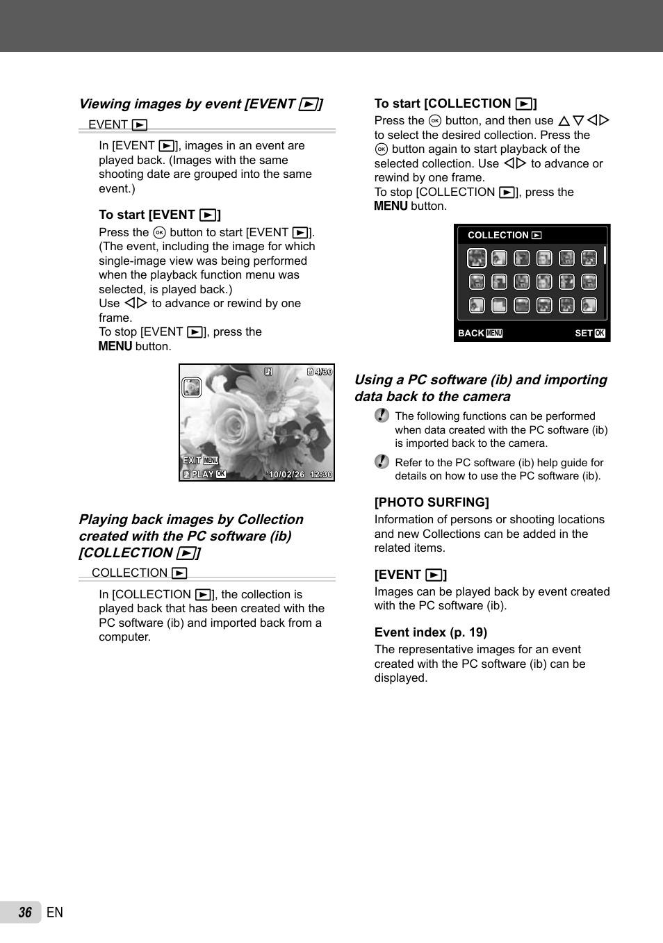 36 en, Viewing images by event [event q | Olympus STYLUS 7030 User Manual | Page 36 / 73