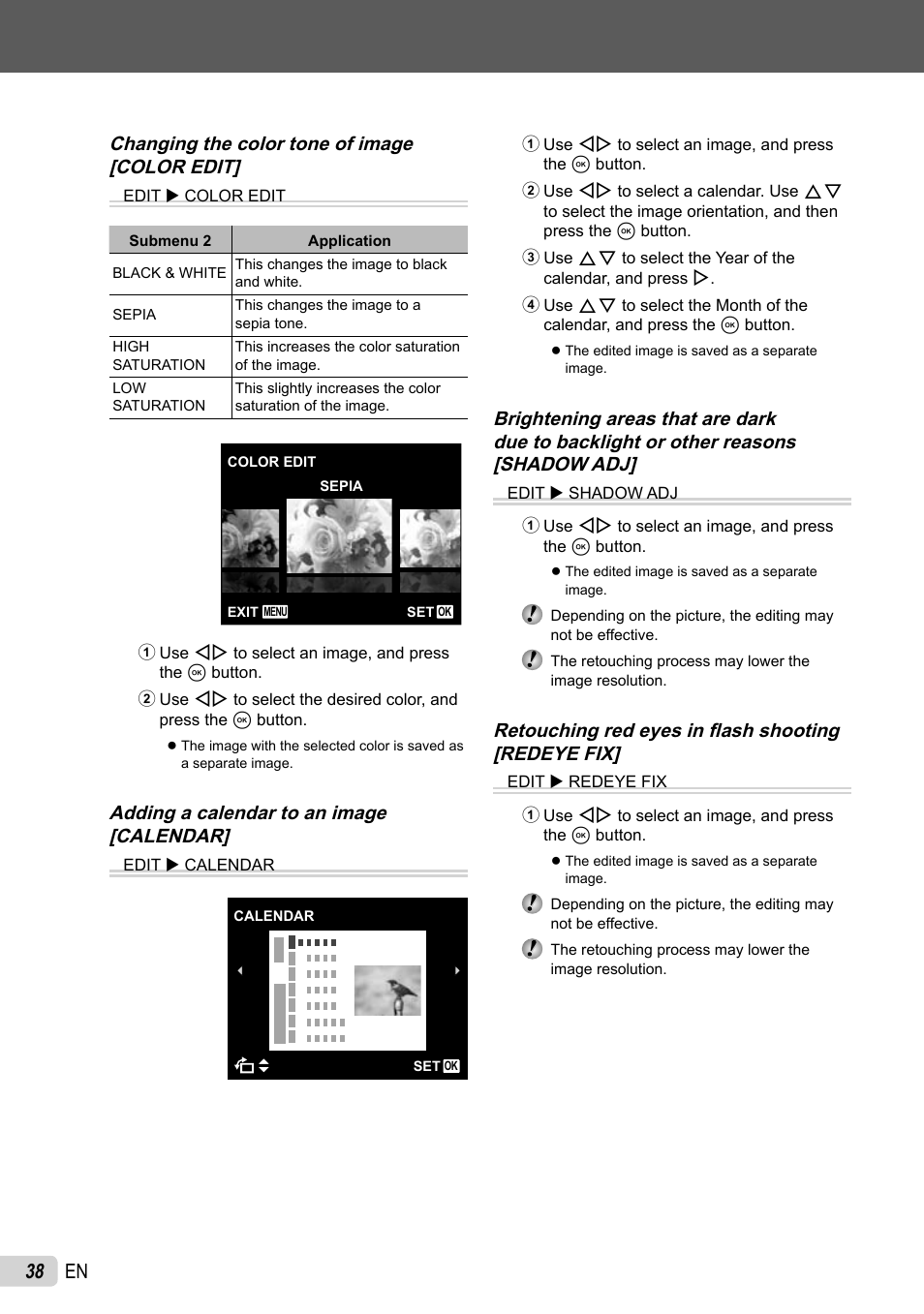 38 en, Changing the color tone of image [color edit, Adding a calendar to an image [calendar | Retouching red eyes in fl ash shooting [redeye fix | Olympus STYLUS 7030 User Manual | Page 38 / 73