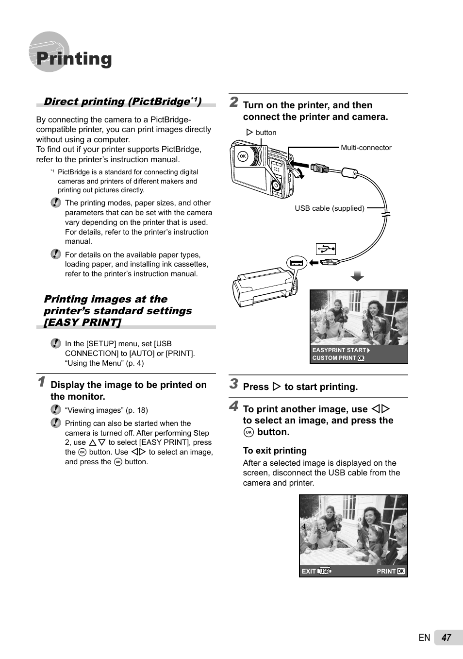 Printing, 47 en, Direct printing (pictbridge | Olympus STYLUS 7030 User Manual | Page 47 / 73
