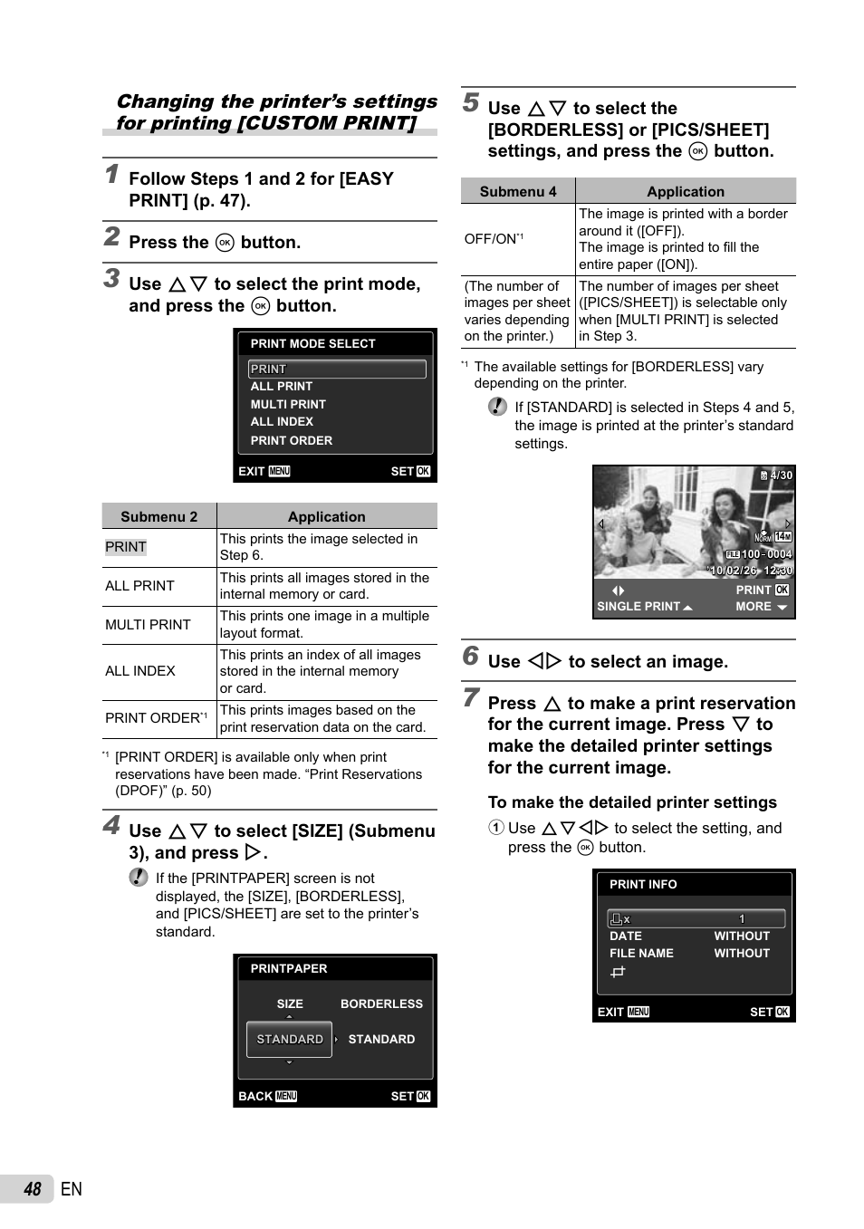 Follow steps 1 and 2 for [easy print] (p. 47), Press the a button, Use fg to select [size] (submenu 3), and press i | Use hi to select an image | Olympus STYLUS 7030 User Manual | Page 48 / 73