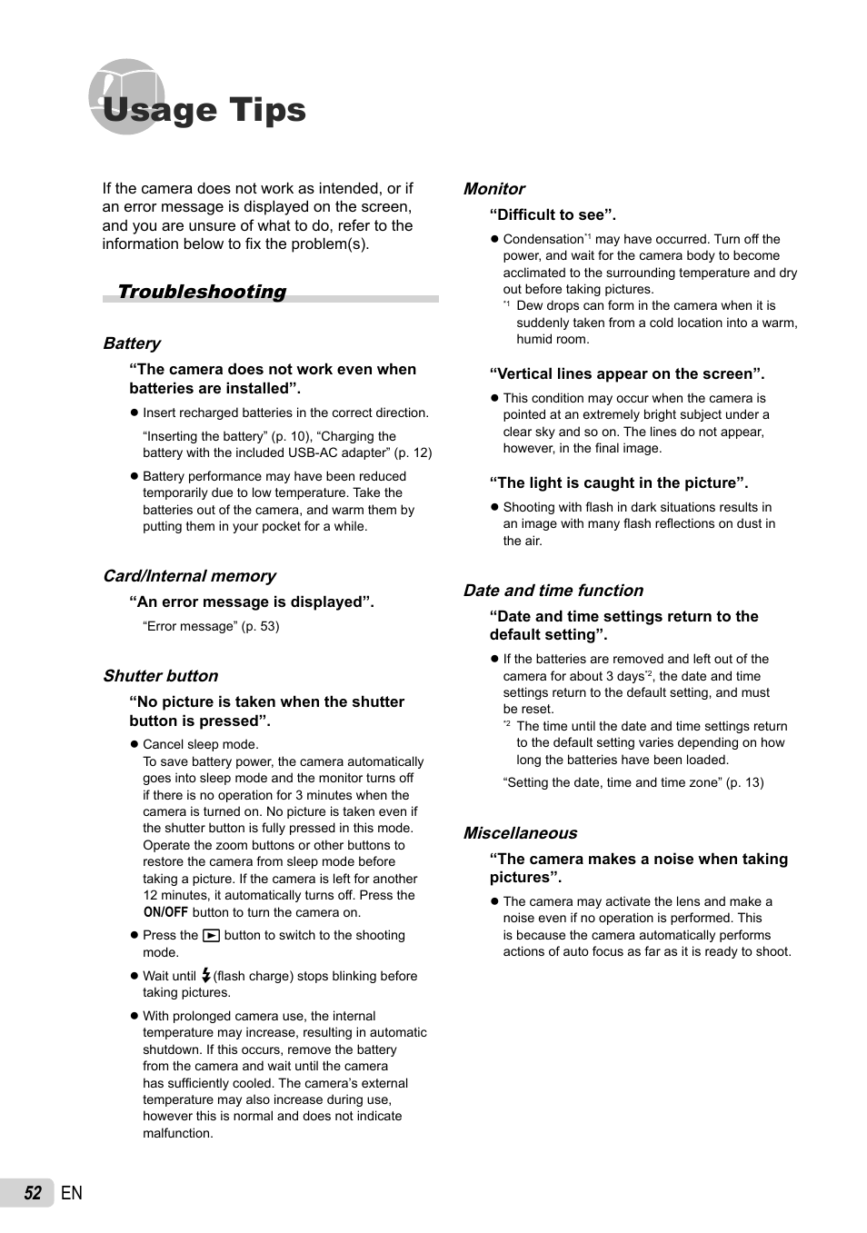 Usage tips, 52 en, Troubleshooting | Olympus STYLUS 7030 User Manual | Page 52 / 73