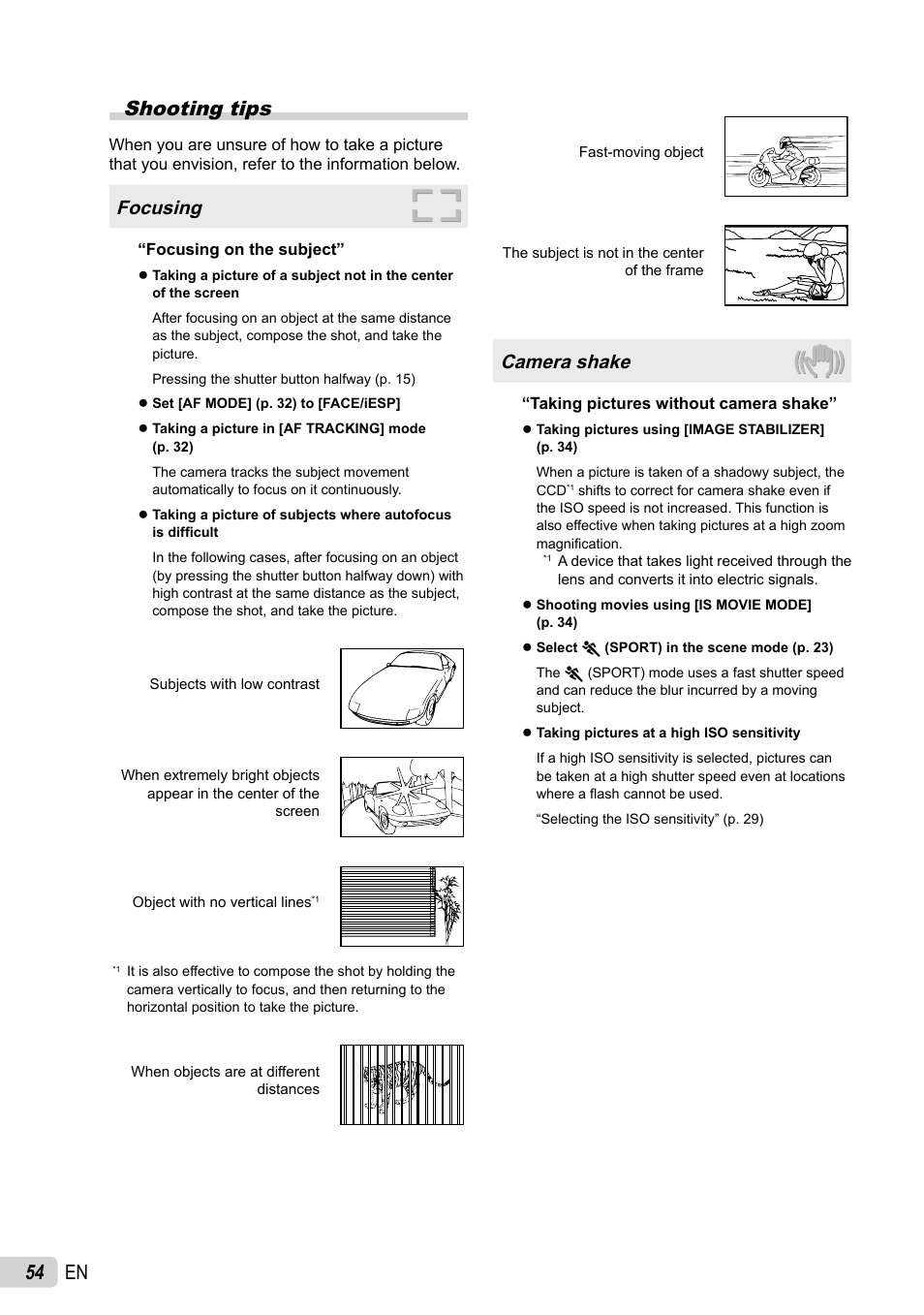 54 en shooting tips, Focusing, Camera shake | Olympus STYLUS 7030 User Manual | Page 54 / 73