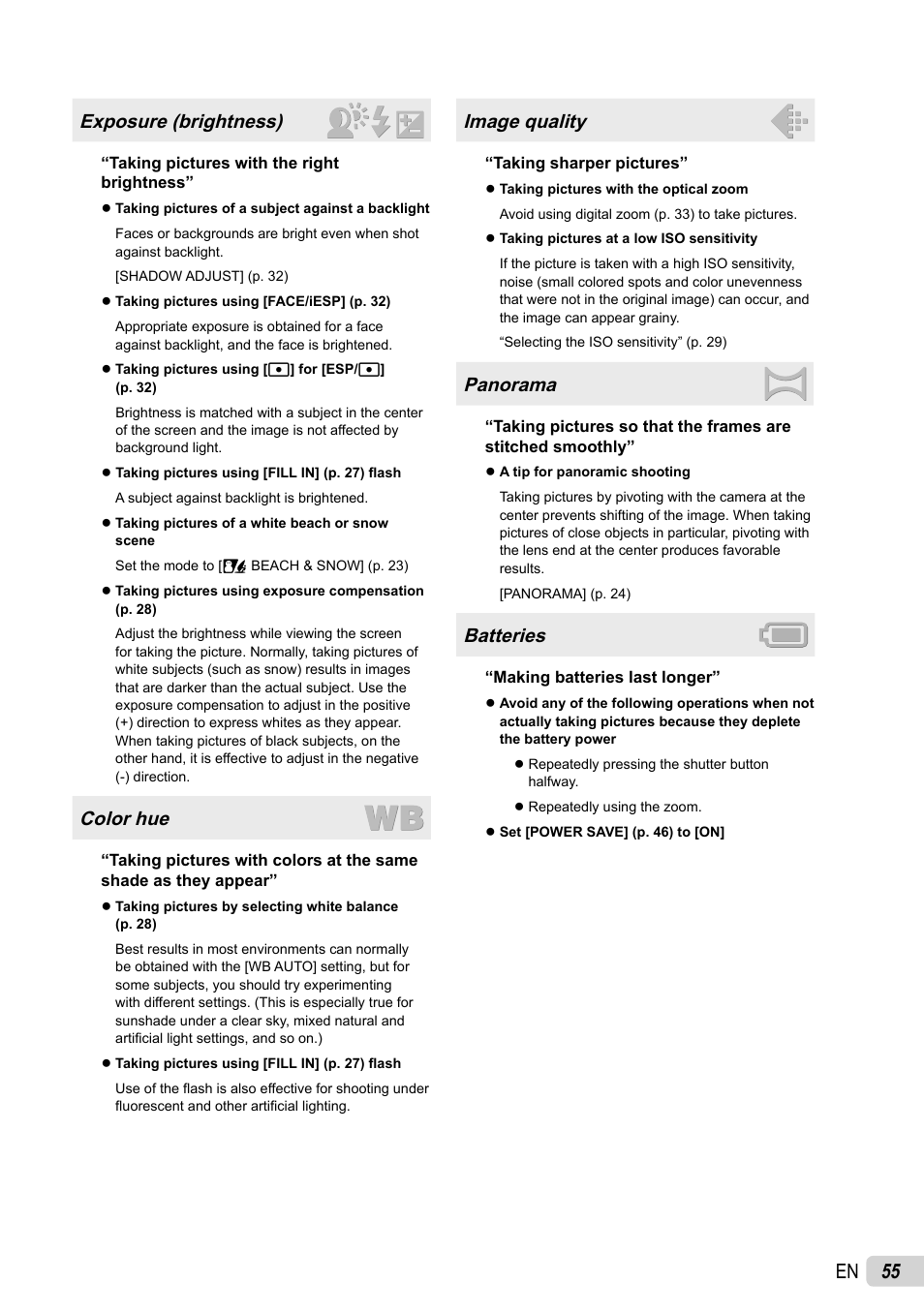 55 en, Exposure (brightness), Color hue | Image quality, Panorama, Batteries | Olympus STYLUS 7030 User Manual | Page 55 / 73