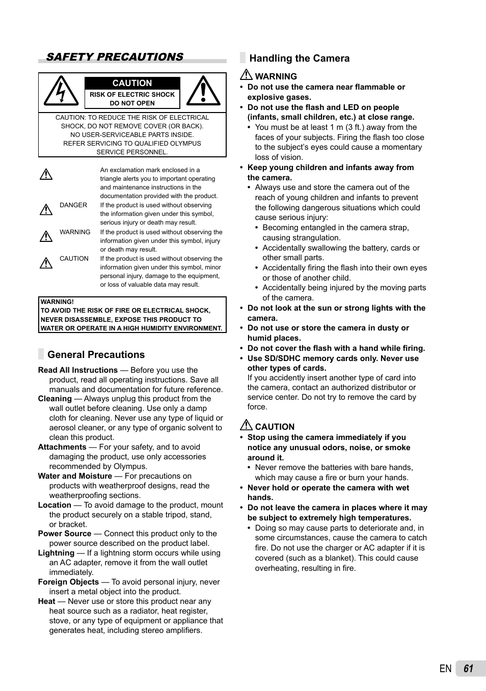 61 en safety precautions, General precautions, Handling the camera | Olympus STYLUS 7030 User Manual | Page 61 / 73