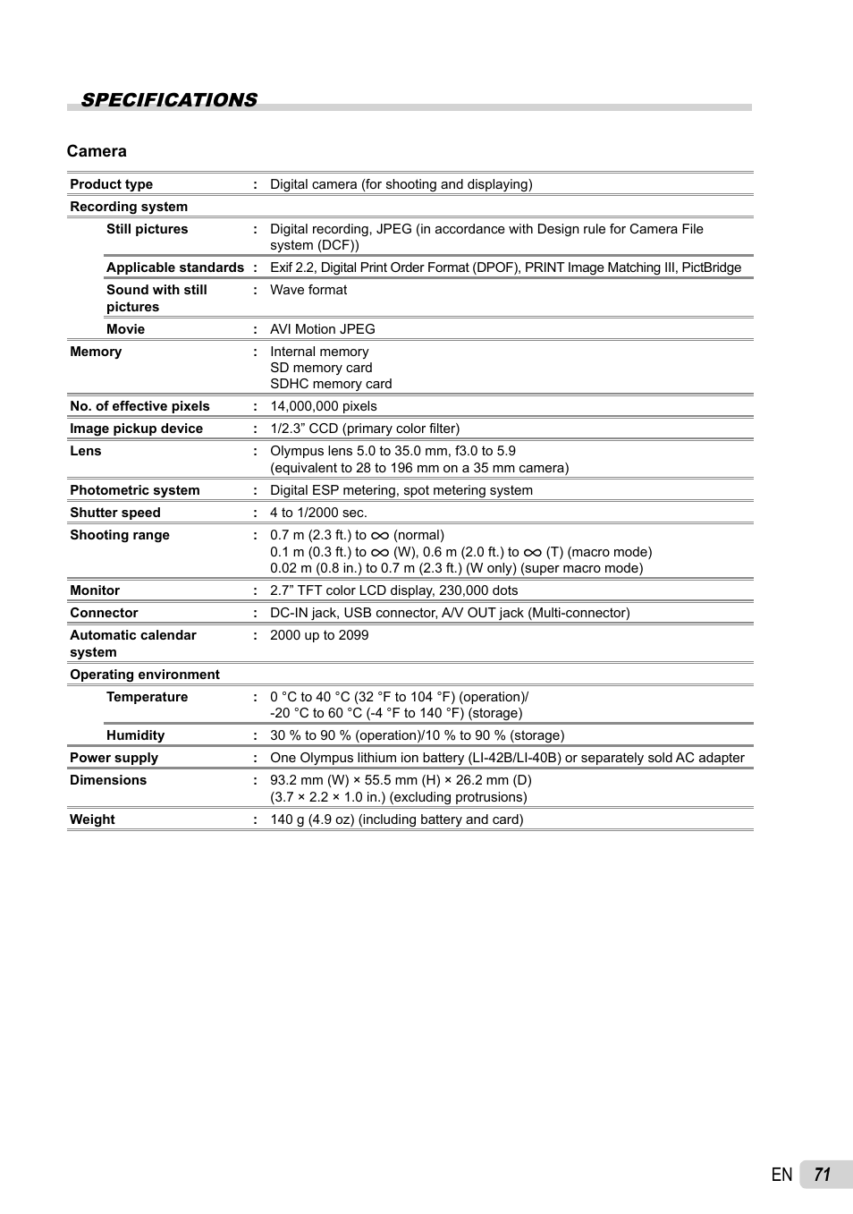 71 en specifications | Olympus STYLUS 7030 User Manual | Page 71 / 73