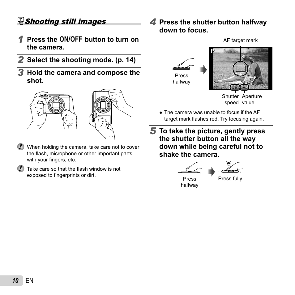 Shooting, Shooting still images | Olympus SH-50 iHS User Manual | Page 10 / 88