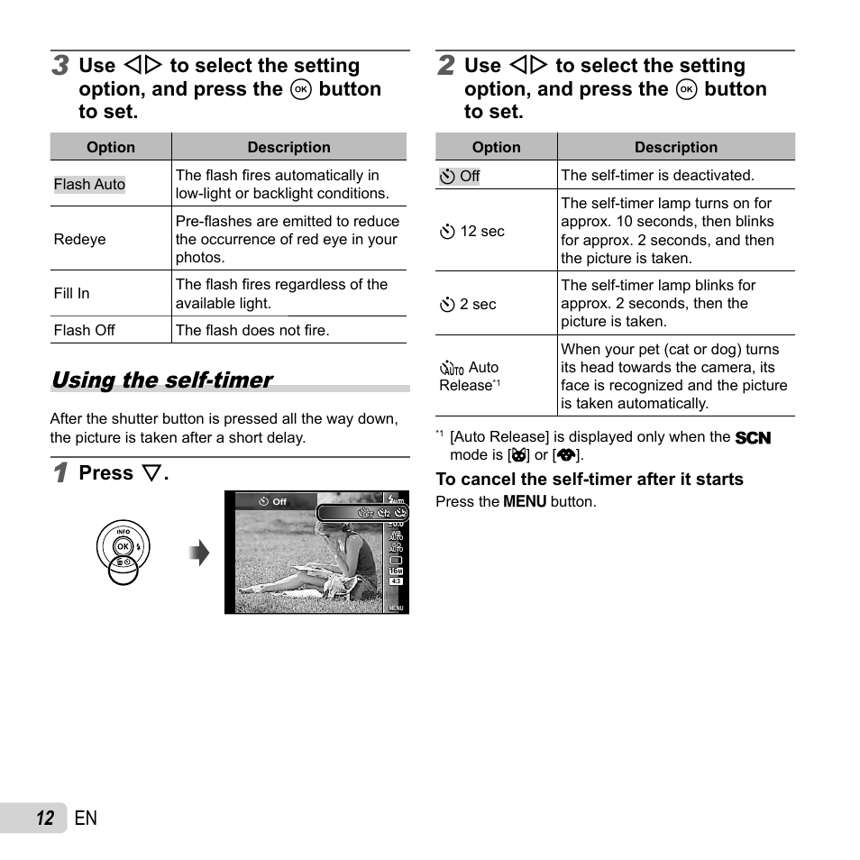 Using the self-timer, 12 en, Press g | Olympus SH-50 iHS User Manual | Page 12 / 88