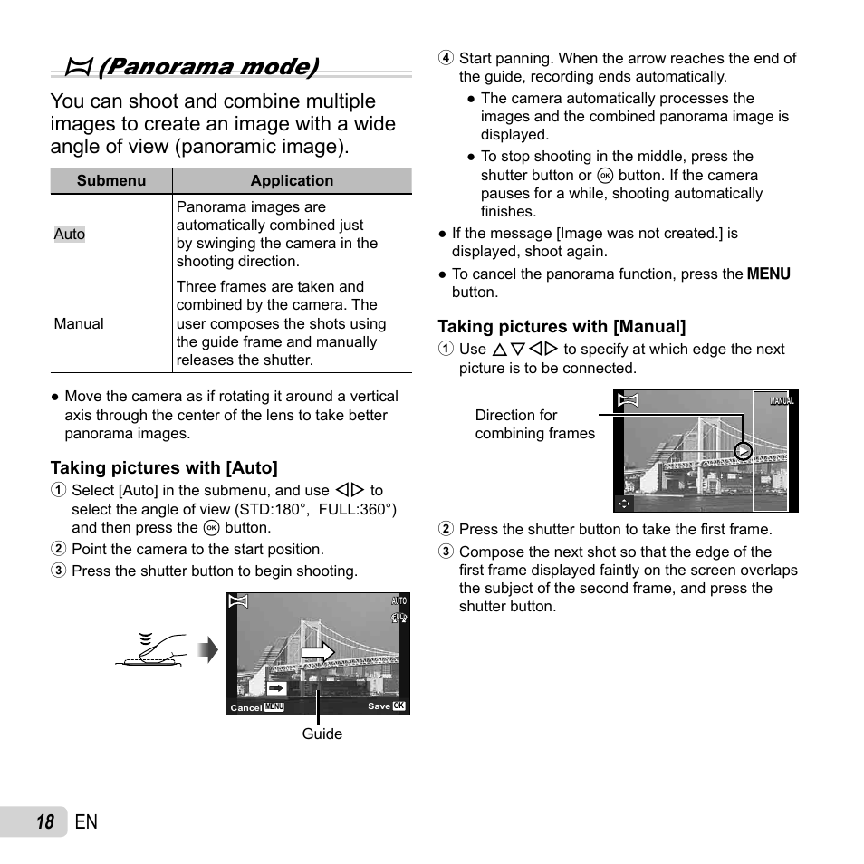 P(panorama mode), 18 en | Olympus SH-50 iHS User Manual | Page 18 / 88