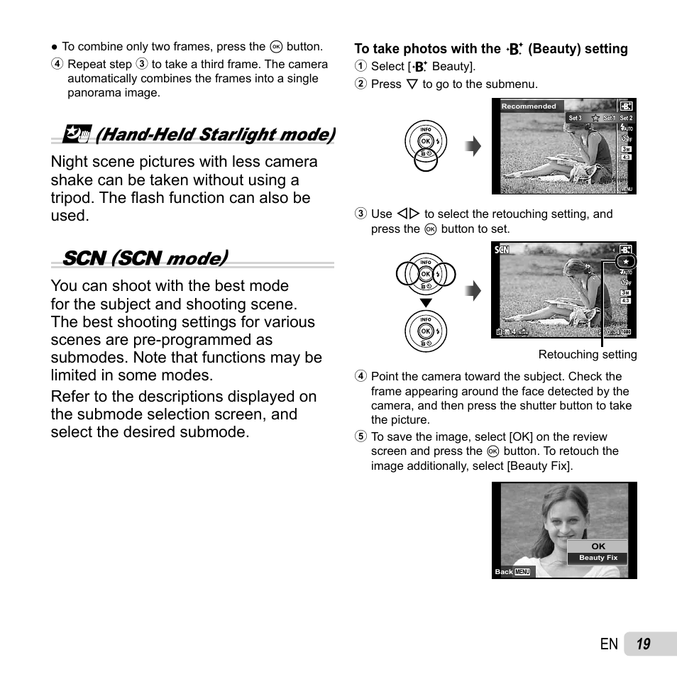 I(hand-held starlight mode), Mode), 19 en | Olympus SH-50 iHS User Manual | Page 19 / 88