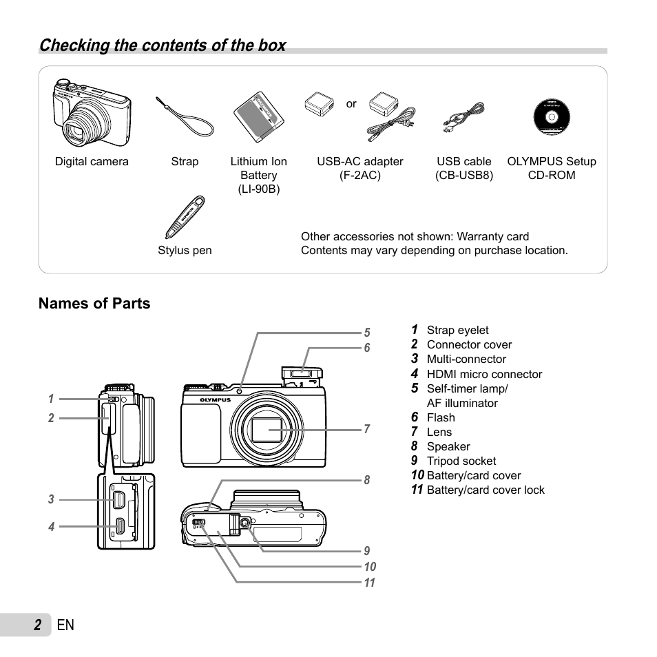 Preparing the camera, Checking the contents of the box, 2 en | Names of parts | Olympus SH-50 iHS User Manual | Page 2 / 88