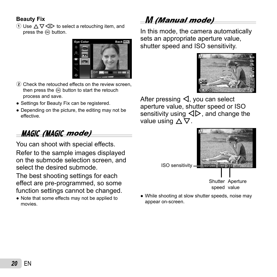 P( p mode), M(manual mode), 20 en | Beauty fix | Olympus SH-50 iHS User Manual | Page 20 / 88