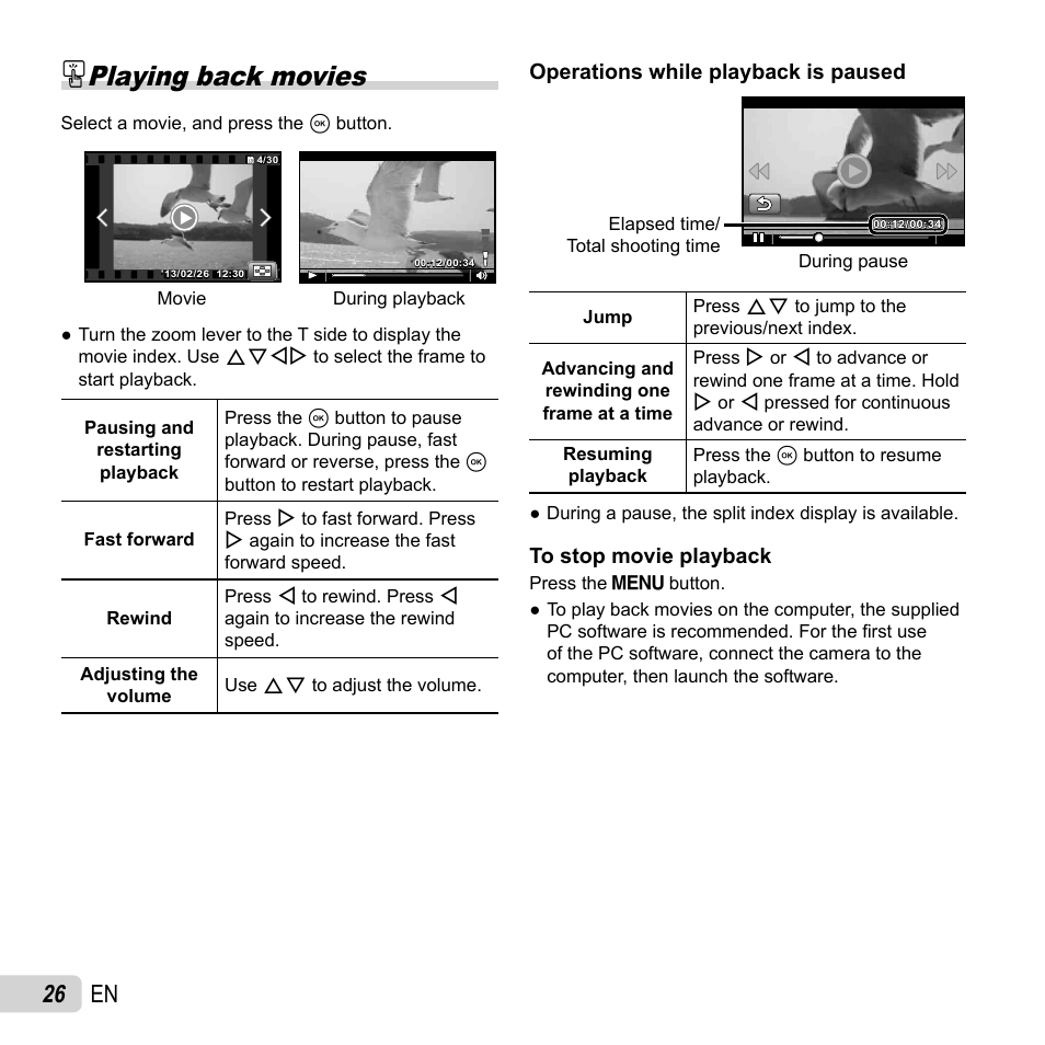 Playing back movies, 26 en, Operations while playback is paused | Olympus SH-50 iHS User Manual | Page 26 / 88