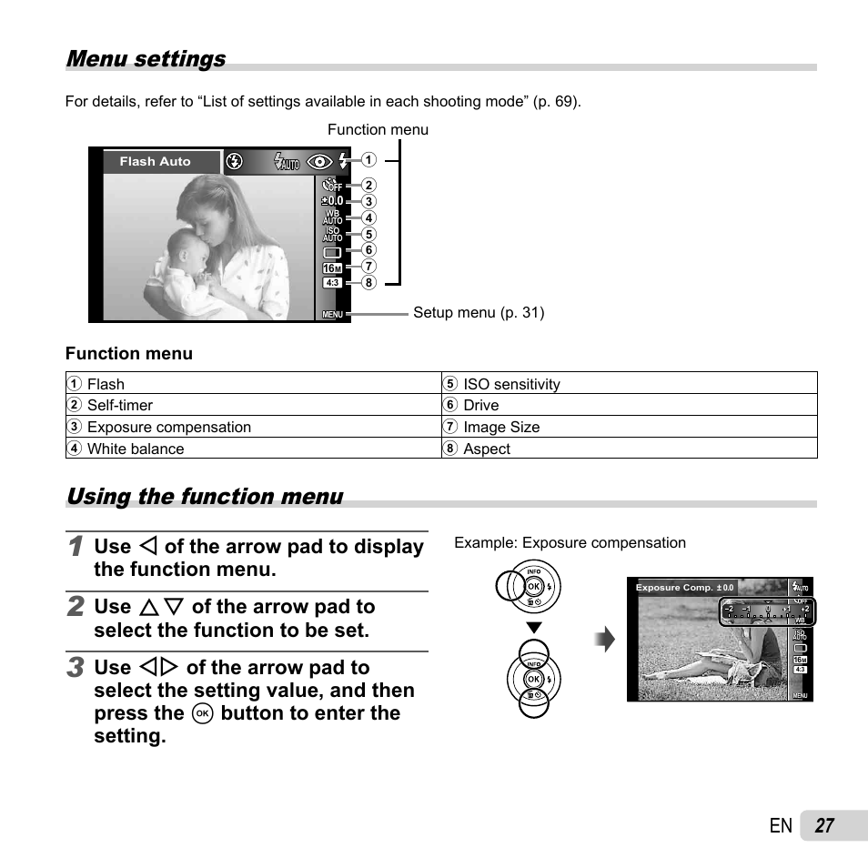 Menu settings, Using the function menu, 27 en | Function menu | Olympus SH-50 iHS User Manual | Page 27 / 88