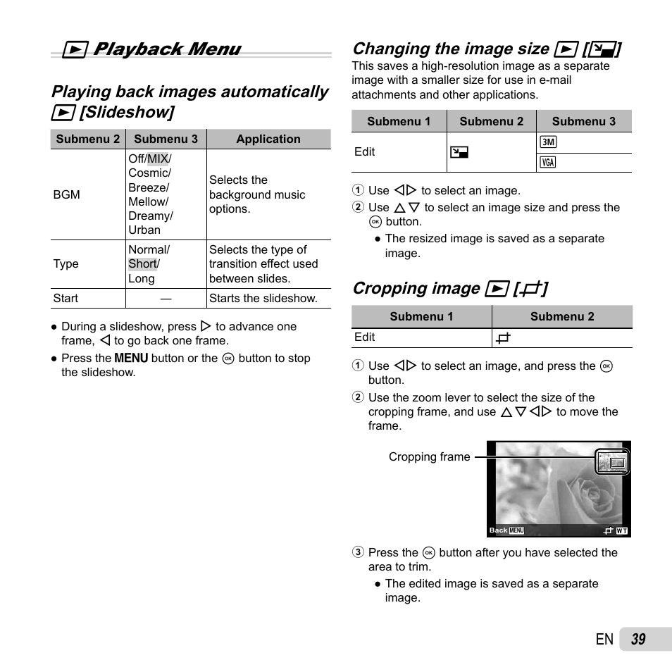 Q playback menu, Playing back images automatically, Changing the image size | Changing the image size q q [ [ q q, Cropping image, Cropping image q q [ [ p p, 39 en | Olympus SH-50 iHS User Manual | Page 39 / 88