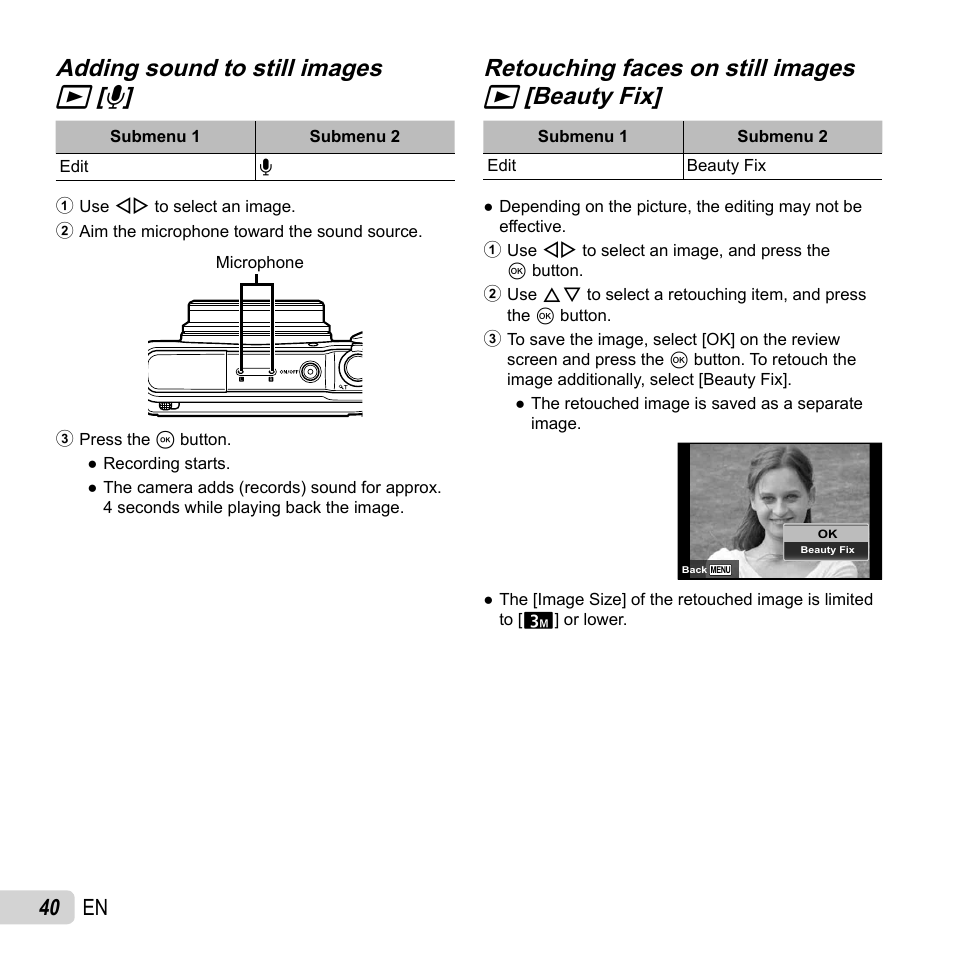 Adding sound to still images, Adding sound to still images q q [ [ r r, Retouching faces on still images | 40 en | Olympus SH-50 iHS User Manual | Page 40 / 88