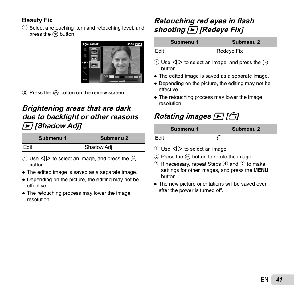 Rotating images, Rotating images q q [ [ y y, 41 en | Olympus SH-50 iHS User Manual | Page 41 / 88