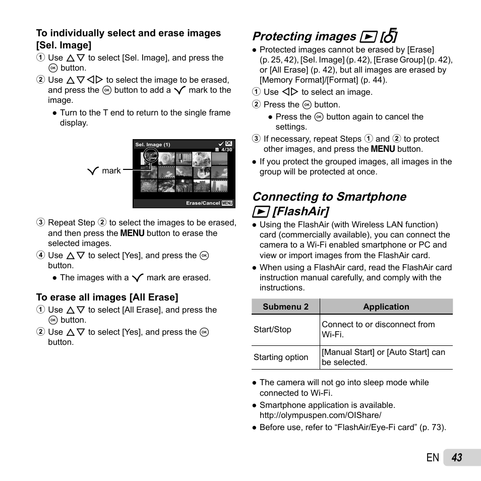 Protecting images, Protecting images q q [ [ r r, Connecting to smartphone | Connecting to smartphone q q [flashair] [flashair, 43 en | Olympus SH-50 iHS User Manual | Page 43 / 88