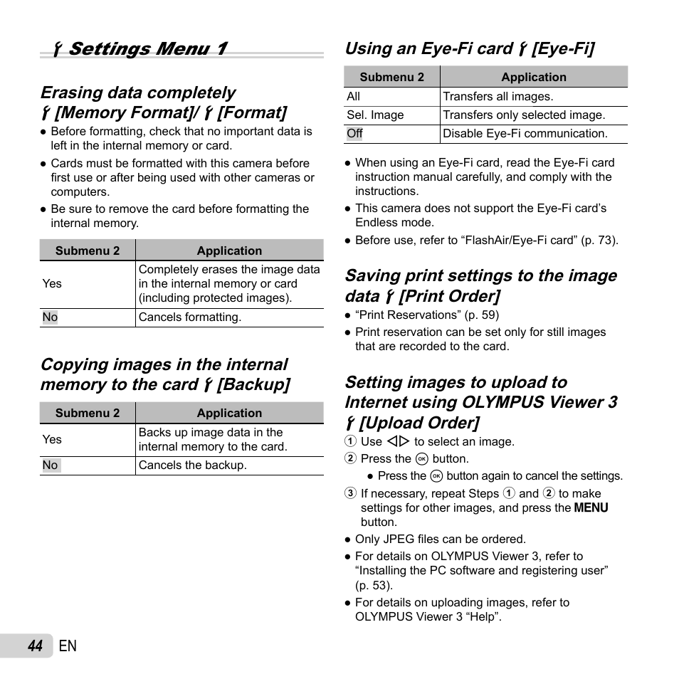 Dsettings menu 1, Erasing data completely, Using an eye-fi card | Using an eye-fi card dd [eye-fi] [eye-fi, 44 en | Olympus SH-50 iHS User Manual | Page 44 / 88