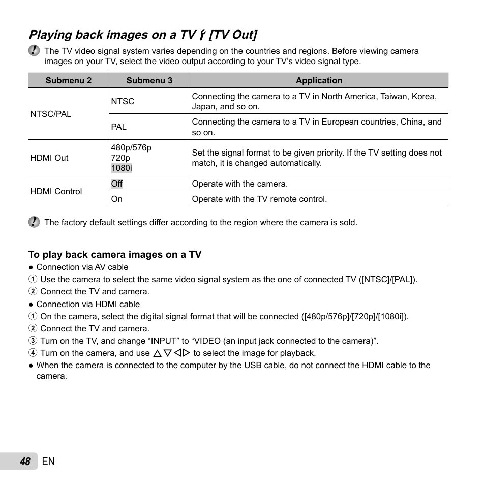 Playing back images on a tv, Playing back images on a tv dd [tv out] [tv out, 48 en | Olympus SH-50 iHS User Manual | Page 48 / 88