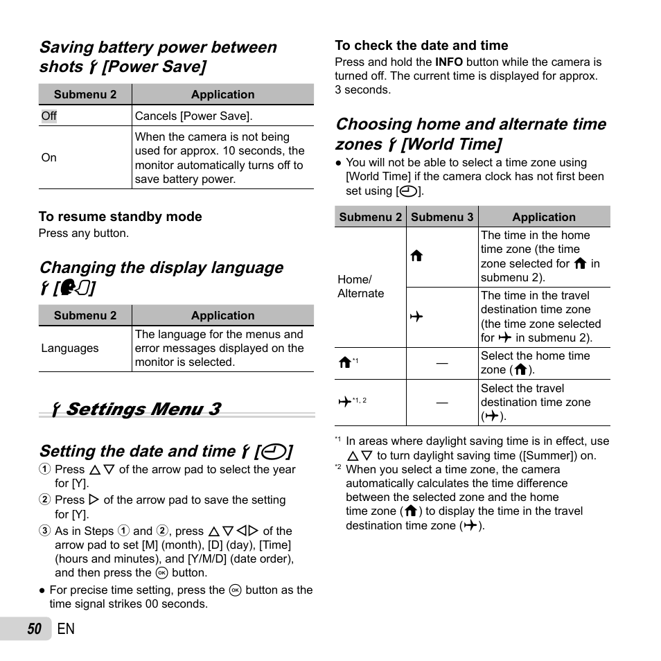 Dsettings menu 3, Changing the display language, Changing the display language dd [ [ l l | Setting the date and time, Setting the date and time dd [ [ x x, 50 en | Olympus SH-50 iHS User Manual | Page 50 / 88