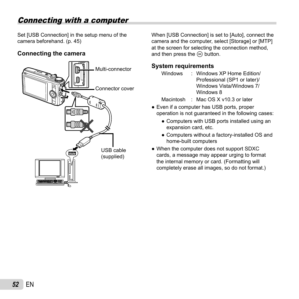 Connecting with a computer, 52 en | Olympus SH-50 iHS User Manual | Page 52 / 88