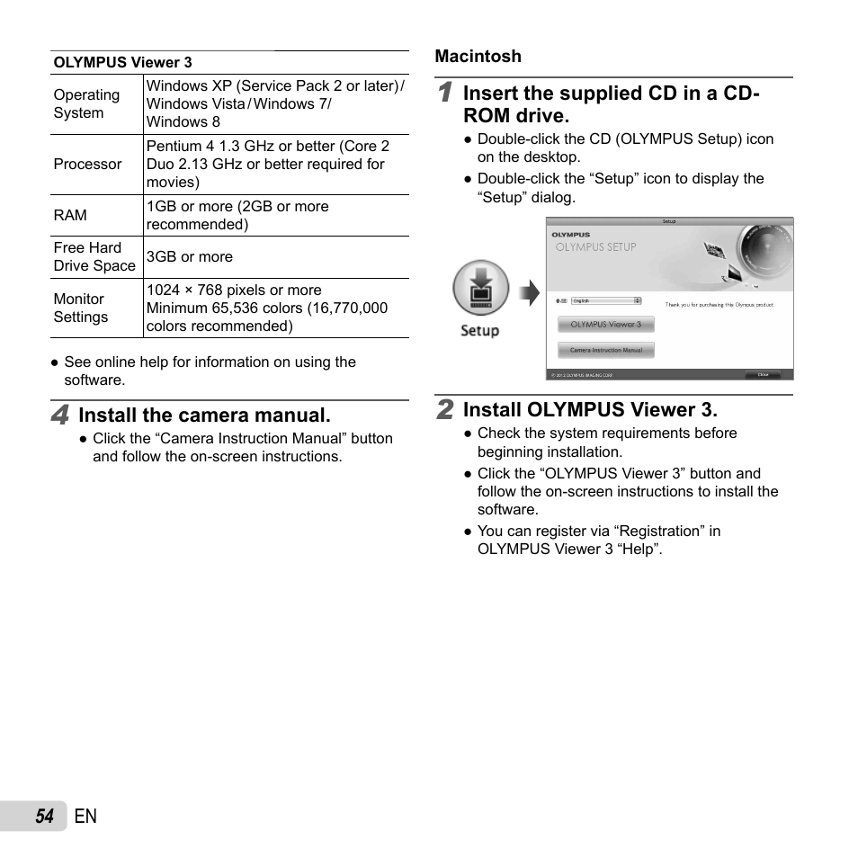 54 en, Install the camera manual, Insert the supplied cd in a cd- rom drive | Install olympus viewer 3 | Olympus SH-50 iHS User Manual | Page 54 / 88