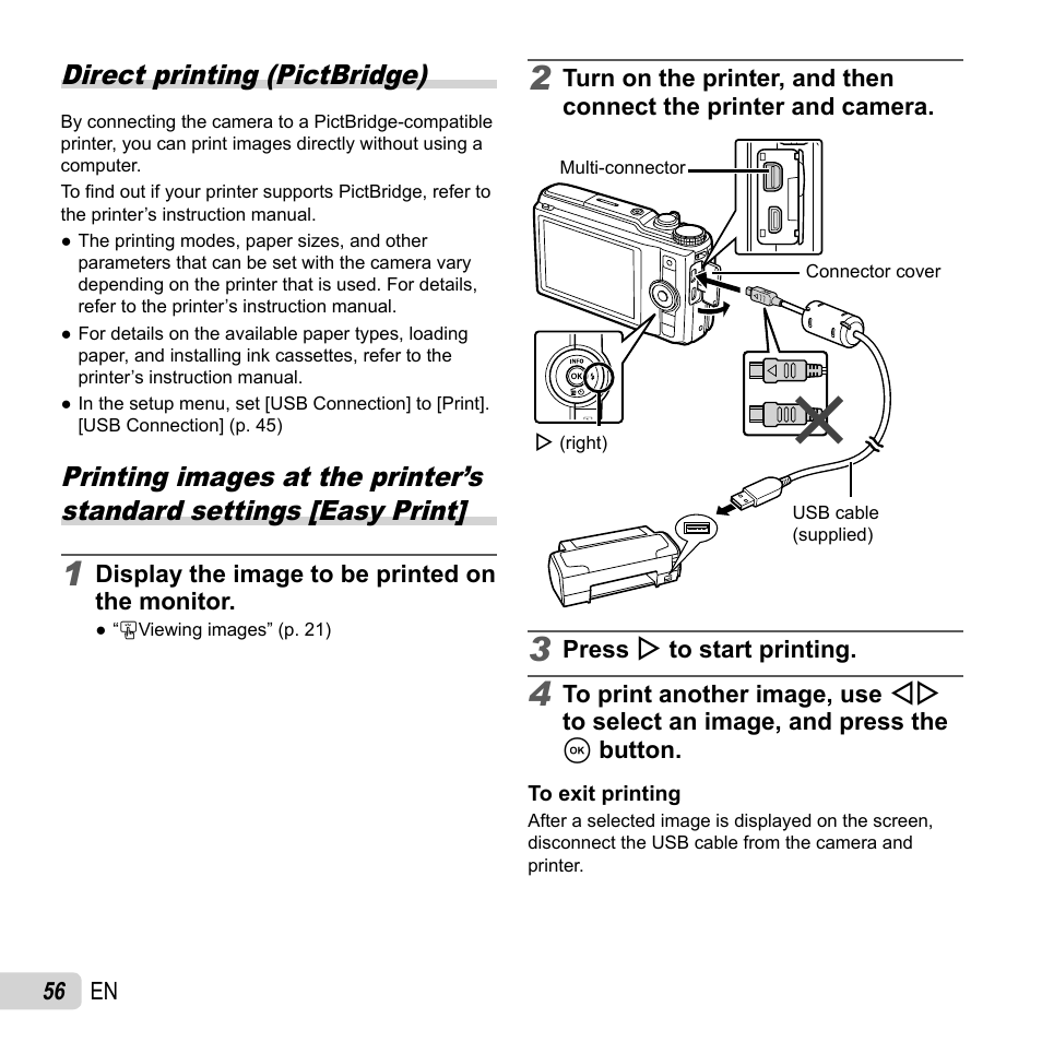 Printing, Direct printing (pictbridge) | Olympus SH-50 iHS User Manual | Page 56 / 88