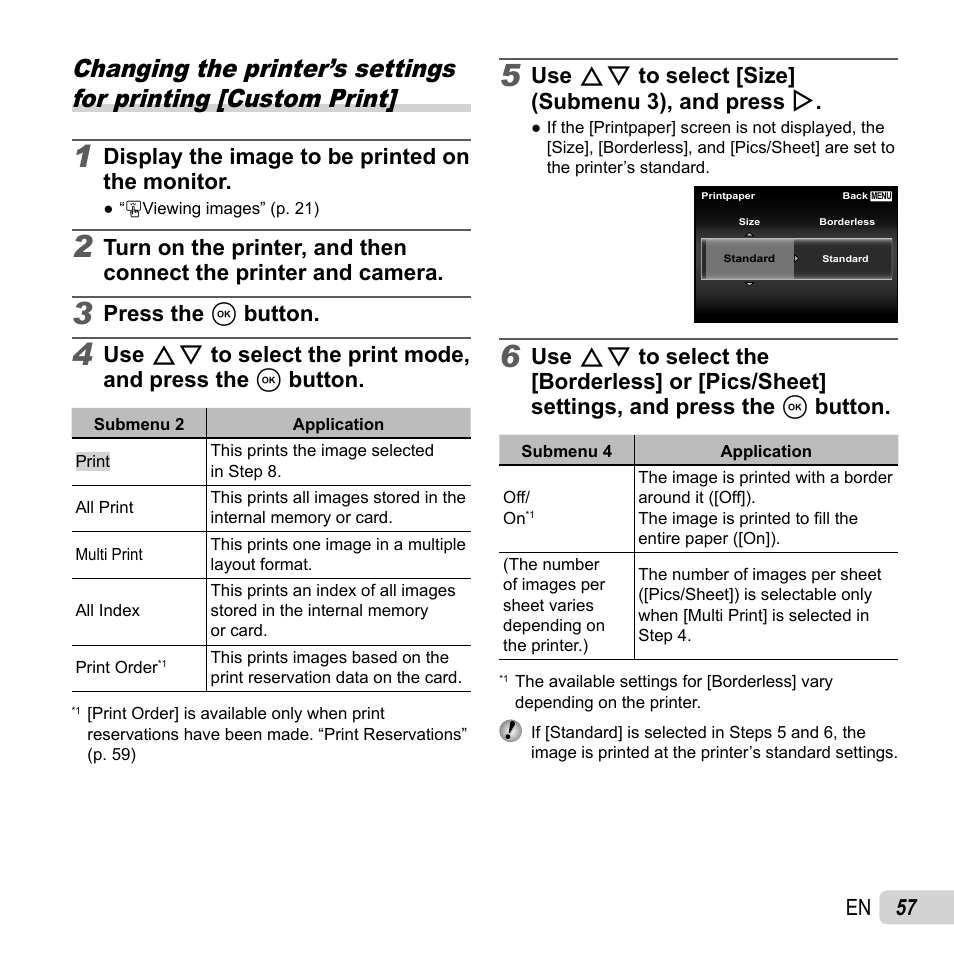 57 en, Display the image to be printed on the monitor, Press the a button | Use fg to select [size] (submenu 3), and press i | Olympus SH-50 iHS User Manual | Page 57 / 88