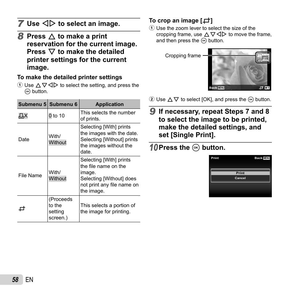 58 en, Use hi to select an image, Press the a button | Olympus SH-50 iHS User Manual | Page 58 / 88