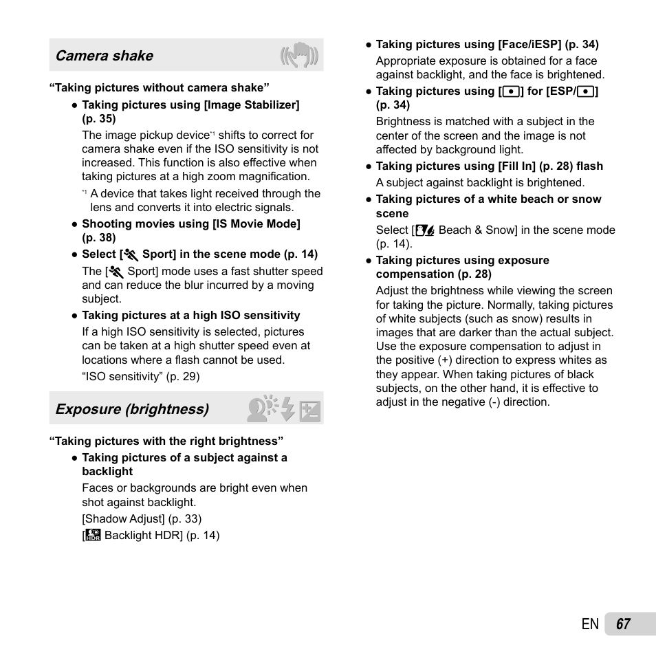 67 en, Camera shake, Exposure (brightness) | Olympus SH-50 iHS User Manual | Page 67 / 88