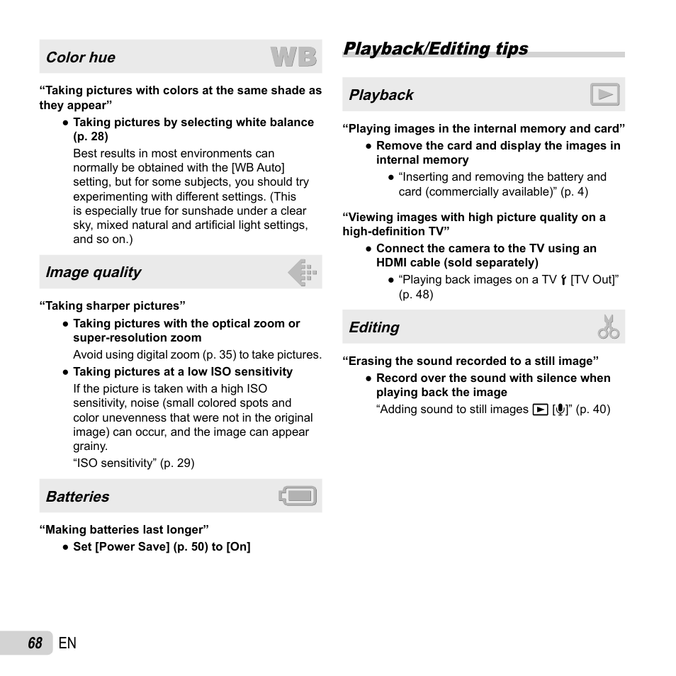 Playback/editing tips, 68 en, Color hue | Image quality, Batteries, Playback, Editing | Olympus SH-50 iHS User Manual | Page 68 / 88