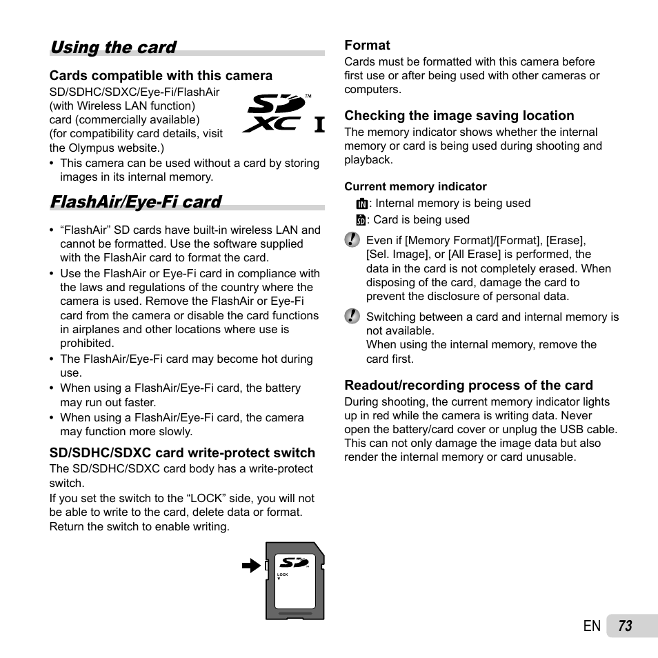 Using the card, Flashair/eye-fi card, 73 en | Olympus SH-50 iHS User Manual | Page 73 / 88