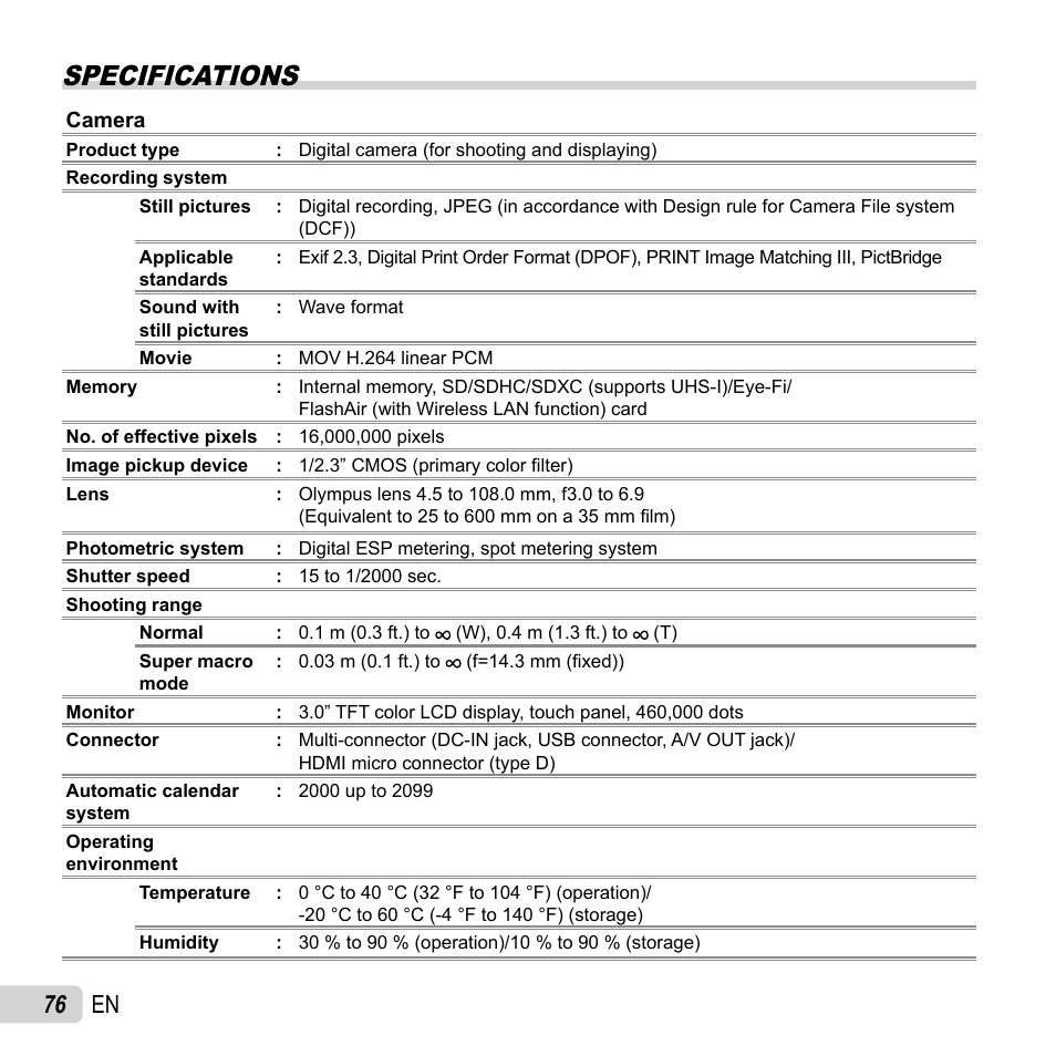 Specifications, 76 en | Olympus SH-50 iHS User Manual | Page 76 / 88