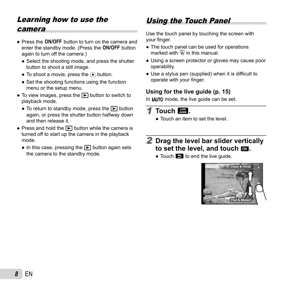 Learning how to use the camera, Using the touch panel, 8 en | Touch m | Olympus SH-50 iHS User Manual | Page 8 / 88