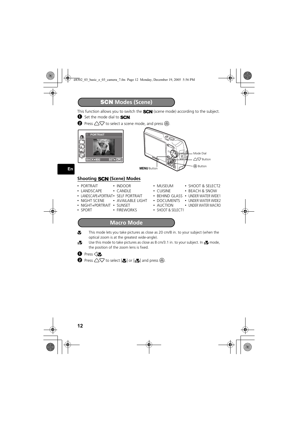 Scn modes (scene), Macro mode | Olympus STYLUS 700 User Manual | Page 12 / 84