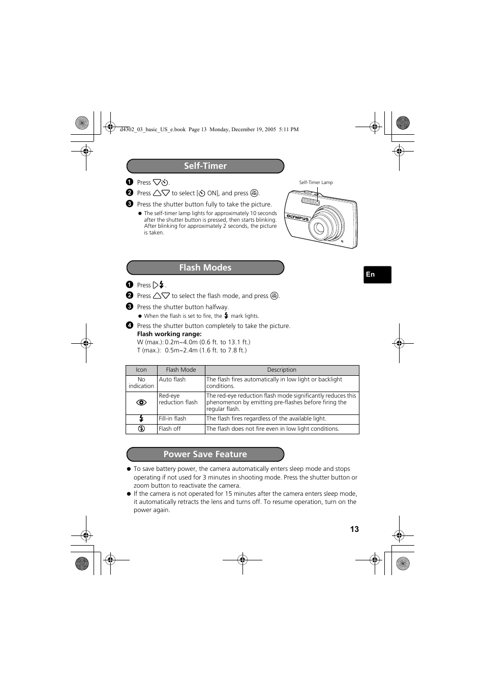 Self-timer, Flash modes, Power save feature | Flash modes power save feature | Olympus STYLUS 700 User Manual | Page 13 / 84