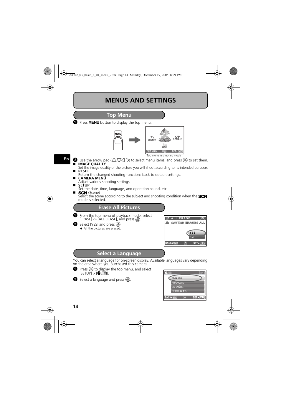 Menus and settings, Top menu, Erase all pictures | Select a language | Olympus STYLUS 700 User Manual | Page 14 / 84